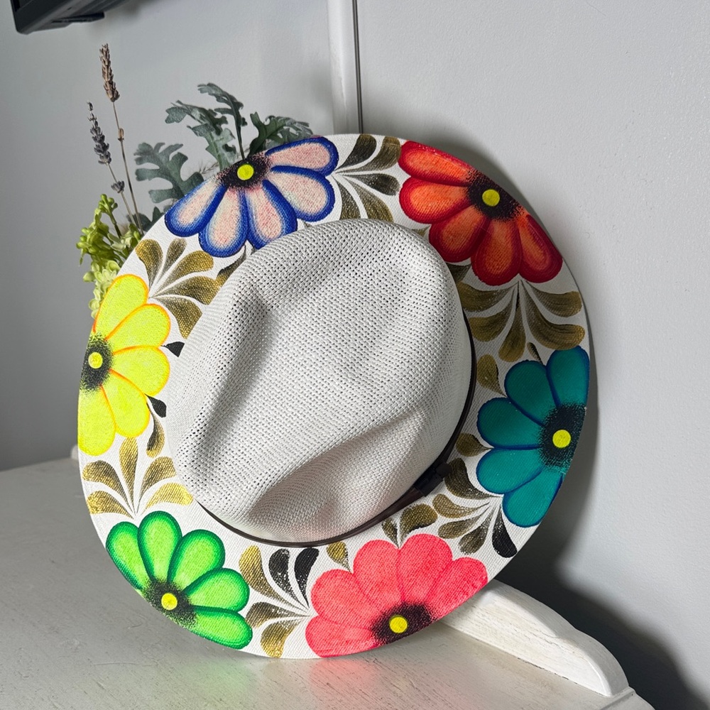 Hand Painted Floral Fedora Hat Mexico Handmade One of a Kind Vacation Boho